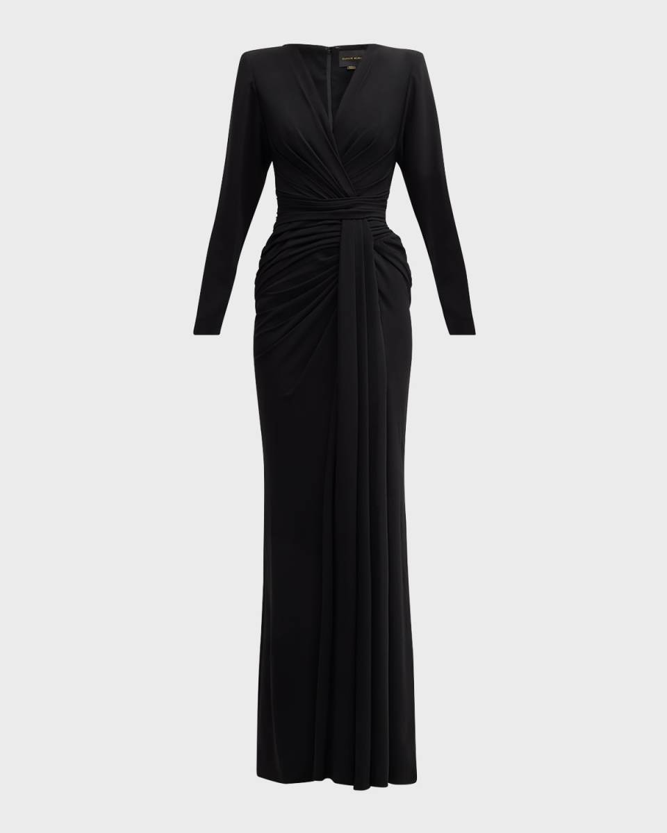 V-Neck Strong-Shoulder Draped Cady Long-Sleeve Gown